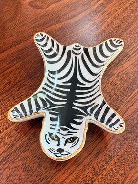Cat Face Zebra Print Ceramic Trinket Dish with Gold Trim
